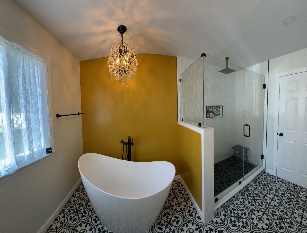 Wide view of luxury bathroom with freestanding tub and glass shower